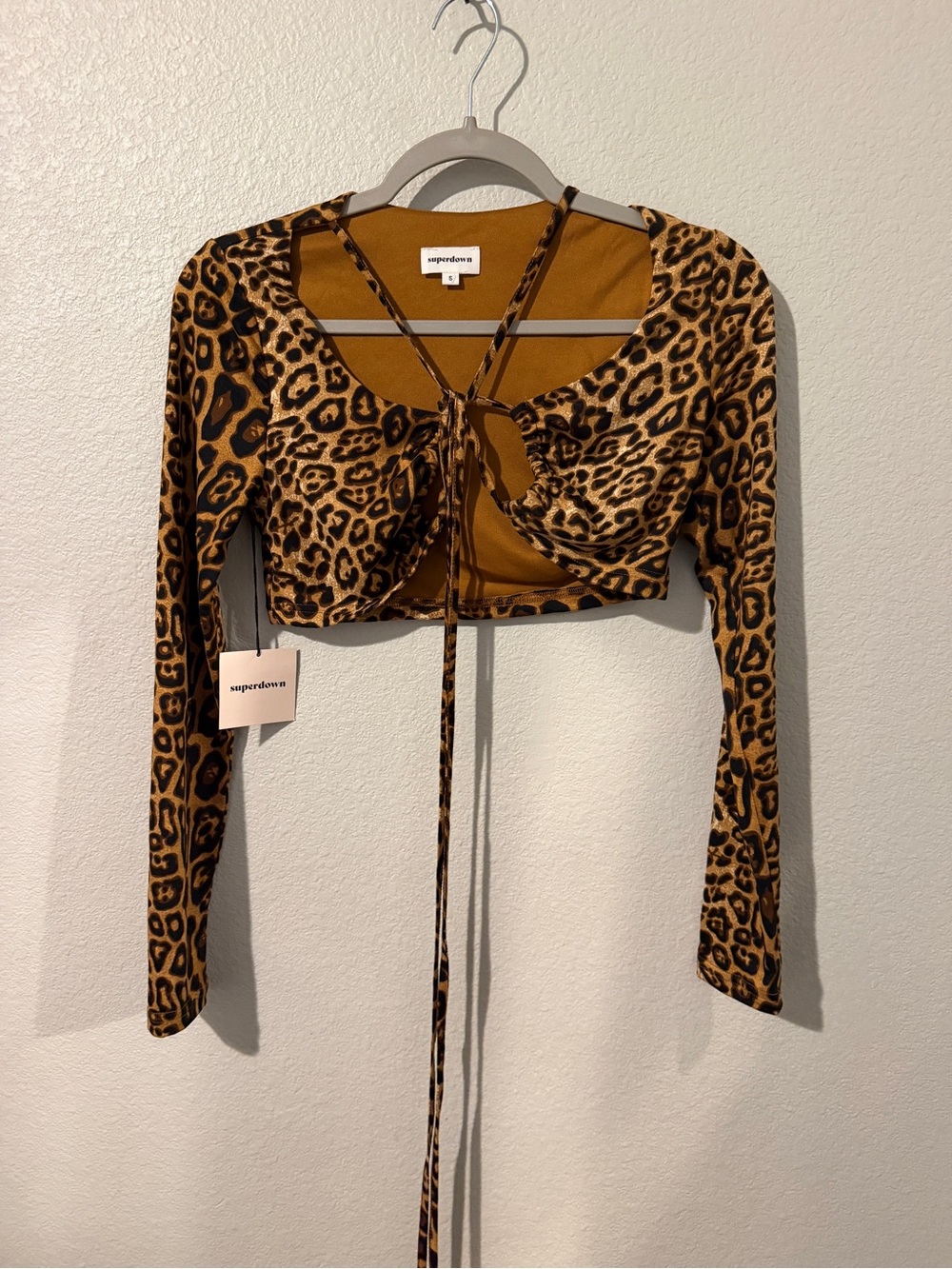 superdown Leopard-Print Long Sleeve Tie-Front Cropped Top in Brown - Picture 1 of 4